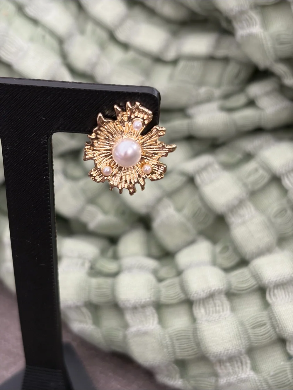 Gold Tone Floral Sunburst Faux Pearl Statement Stud Earrings